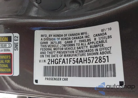 2010 Honda Civic Lx z USA, uszkodzony, nr VIN 2HGFA1F54AH572851